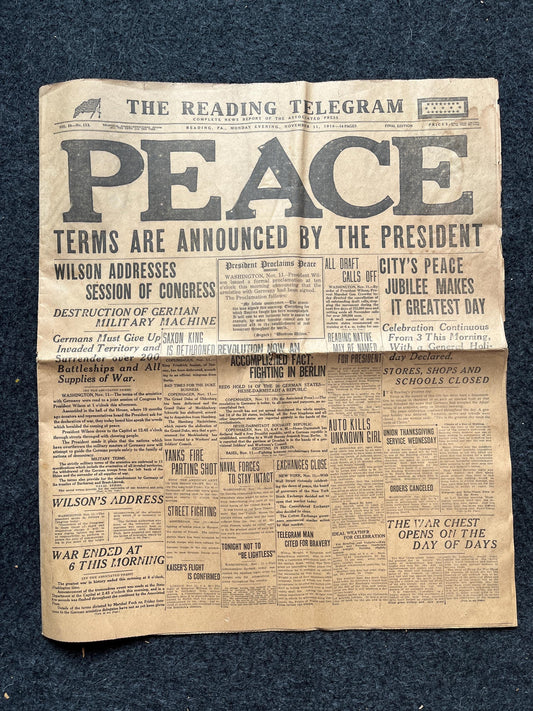 1918 Original Vintage WWI Peace Newspaper, Military Souvenirs, Vintage Christmas Gifts, Armistice Day, Veteran’s Day, military Decor Artwork