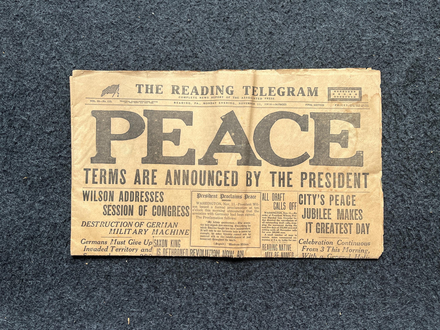 1918 Original Vintage WWI Peace Newspaper, Military Souvenirs, Vintage Christmas Gifts, Armistice Day, Veteran’s Day, military Decor Artwork