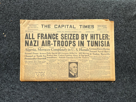 WW2 Surrender of France to Germany, Military Gifts, Gifts for Dad Him Husband, Original WW2 Memorabilia - World War 2 Vintage Newspaper