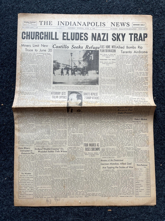 1943 Churchill Evades Luftwaffe, Late WW2 European Theatre Newspaper - Original Vintage World War 2 Memorabilia, Dad Gifts, Wall Decor