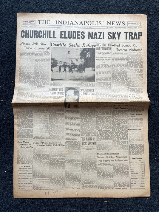 1943 Churchill Evades Luftwaffe, Late WW2 European Theatre Newspaper - Original Vintage World War 2 Memorabilia, Dad Gifts, Wall Decor