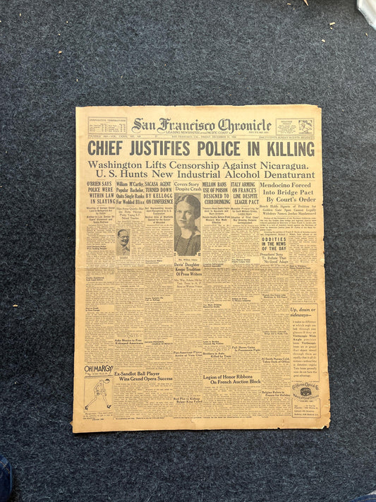 1926 Police Shooting Prohibition Newspaper, San Francisco Art, Vintage Newspaper, Beer Alcohol Wall Decor, Mancave Wall Decor Gift for Him