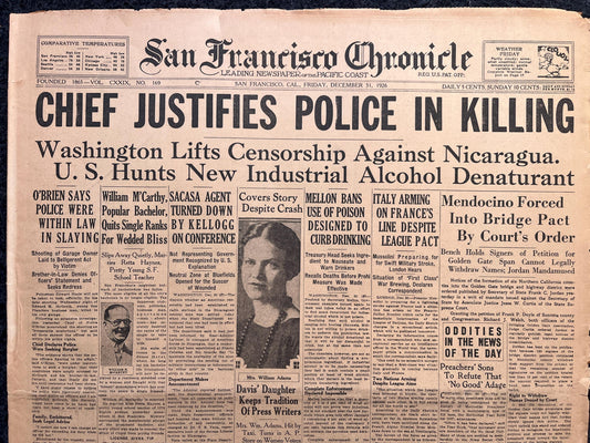 1926 Police Shooting Prohibition Newspaper, San Francisco Art, Vintage Newspaper, Beer Alcohol Wall Decor, Mancave Wall Decor Gift for Him