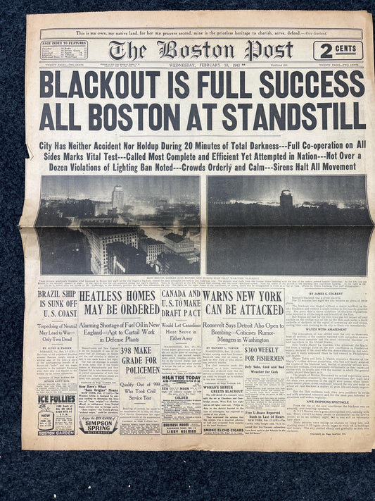 1942 Boston blackout WW2 Early Vintage Newspaper, Wall Decor, Gifts for him, World War 2 Memorabilia Gift, History Art, Dad Grandpa Gifts