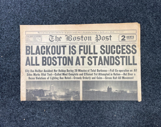 1942 Boston blackout WW2 Early Vintage Newspaper, Wall Decor, Gifts for him, World War 2 Memorabilia Gift, History Art, Dad Grandpa Gifts