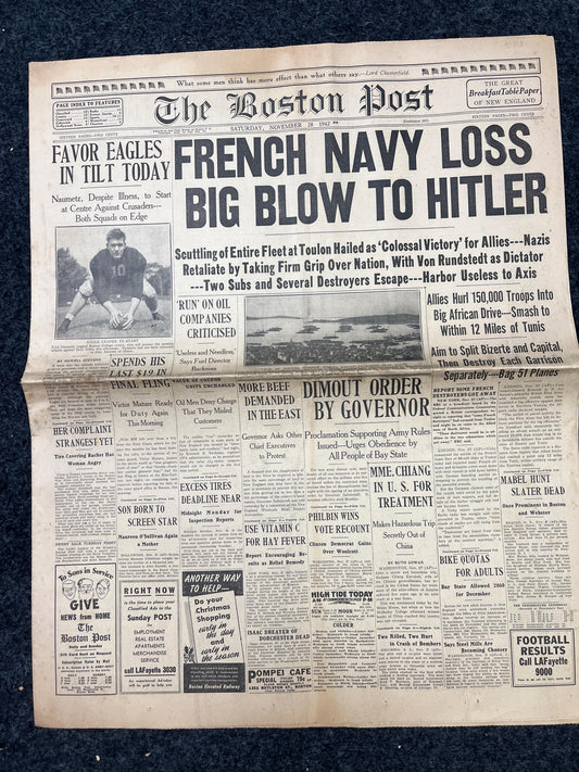 WW2 1940 France Scuttles Fleet Vintage Newspaper, German Advances into France, World War 2 Memorabilia Gifts, History Gifts, Historic Gifts