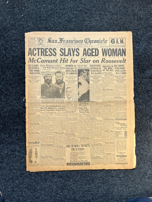 1926 Actress Slays Widow, Serial Killer Decor, Vintage Gangster Art,San Francisco Gifts Souvenirs, Vintage Newspaper, Wall Decor