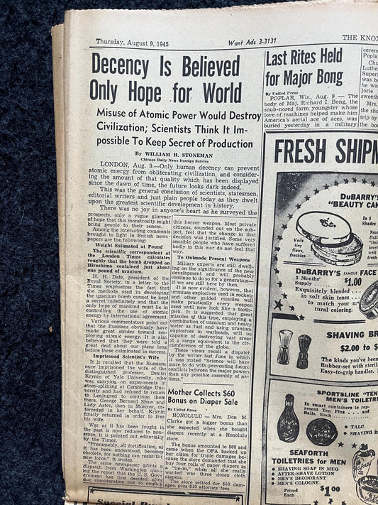 1945 WW2 Bombing of Nagasaki, Day Of, Japanese History, Original Vintage Newspaper - Military Memorabilia Gifts for Him World War 2