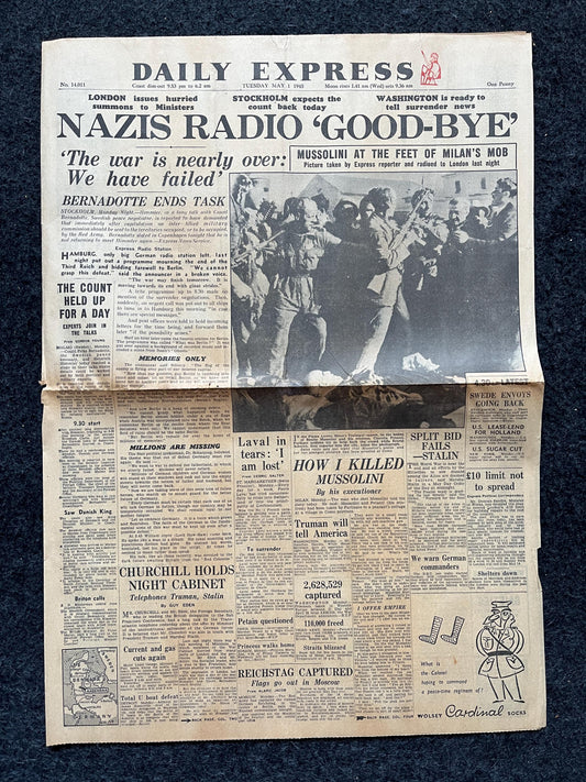 1945 Mussolini Demise and Goodbye - Late WW2 European Theatre Newspaper, Vintage World War 2 Memorabilia Newspaper, Christmas Gifts for Dad