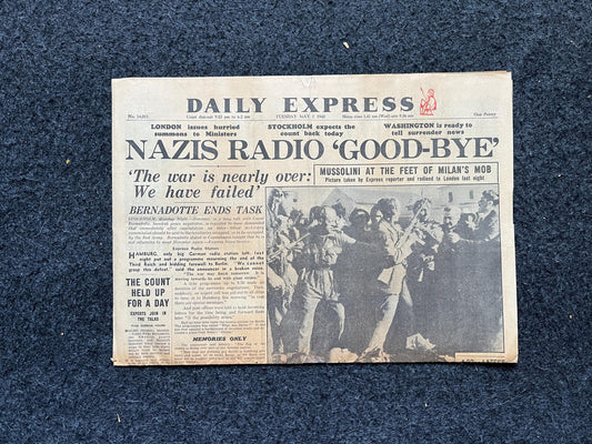 1945 Mussolini Demise and Goodbye - Late WW2 European Theatre Newspaper, Vintage World War 2 Memorabilia Newspaper, Christmas Gifts for Dad