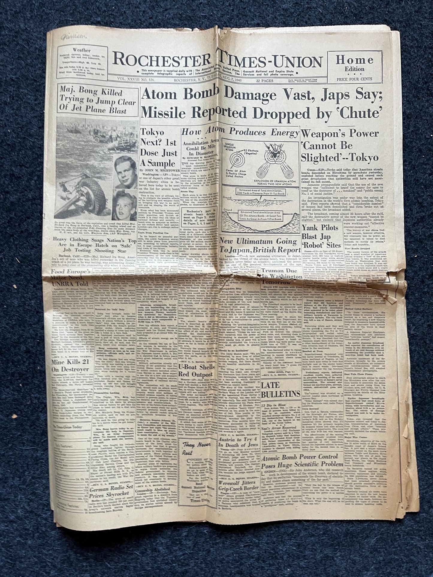 DAY OF Atomic Bombing of Hiroshima, Enola Gay, World War 2 Memorabilia, WW2 Propaganda, Vintage Newspaper Collectible, Military Gifts,