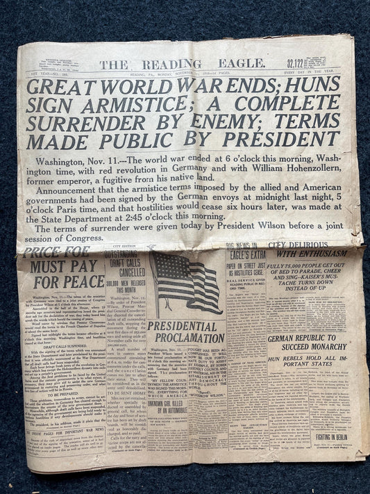 1918 Original Vintage WWI Peace Newspaper, Military Souvenirs, Vintage Christmas Gifts, Armistice Day, Veteran’s Day, Military Decor Artwork