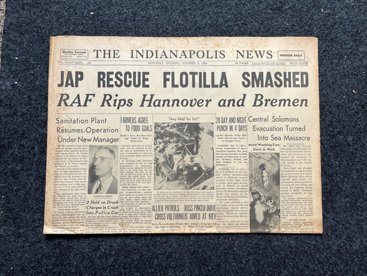 1943 Japanese Flotilla Smashed, WW2 Original Vintage Newspaper, Pacific Theatre, Military Memorabilia Gifts for Him, Gifts for Dad