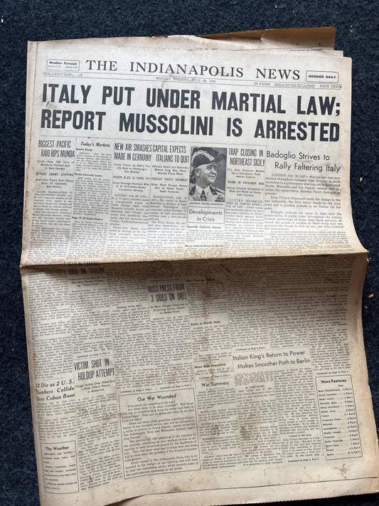 1943 Italy Under Martial Law, WW2 Original Vintage Newspaper,, Military Memorabilia for Him, Gift for Dad, Military Wall Decor, Wall Art,