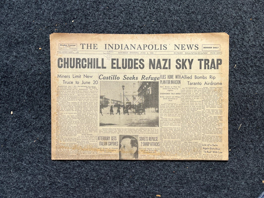 1943 Churchill Evades Luftwaffe, Late WW2 European Theatre Newspaper - Original Vintage World War 2 Memorabilia, Dad Gifts, Wall Decor