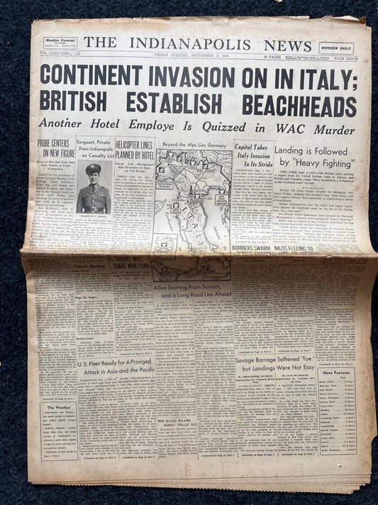 1943 Italy Invasion, Late WW2 European Theatre Newspaper - Original Vintage World War 2 Memorabilia, Dad Gifts, Wall Decor and Collectibles