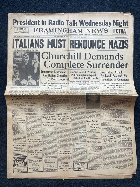 1943 Italy Rebukes Germany, Late WW2 European Theatre Newspaper, Original Vintage World War 2 Memorabilia, Dad Gifts, Wall Decor Collectible