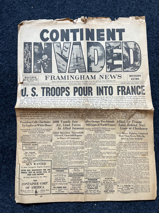 Original WW2 Extra June 6th 1944 DDay Invasion - Day Of - Vintage World War 2 Newspaper - Allies Invade WW2 Germany - Operation Overlord