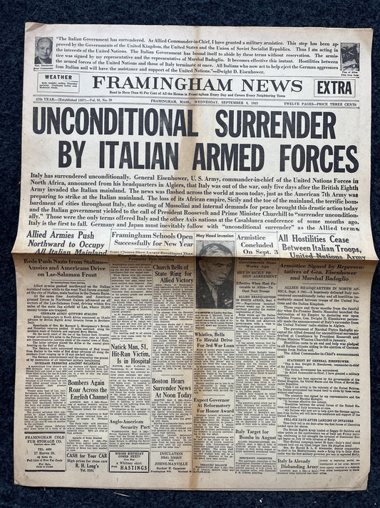 1943 Italy Surrenders, Late WW2 European Theatre Newspaper, Original Vintage World War 2 Memorabilia, Dad Gifts, Wall Decor Collectible