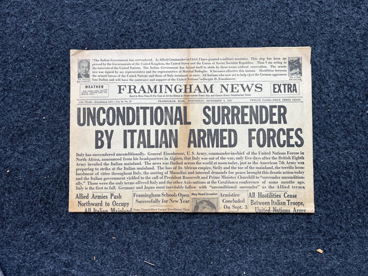 1943 Italy Surrenders, Late WW2 European Theatre Newspaper, Original Vintage World War 2 Memorabilia, Dad Gifts, Wall Decor Collectible