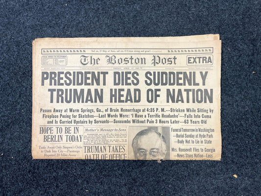 1945 WW2 FDR Death - World War 2 History- Death of President Roosevelt in World War II - Original Vintage Newspaper