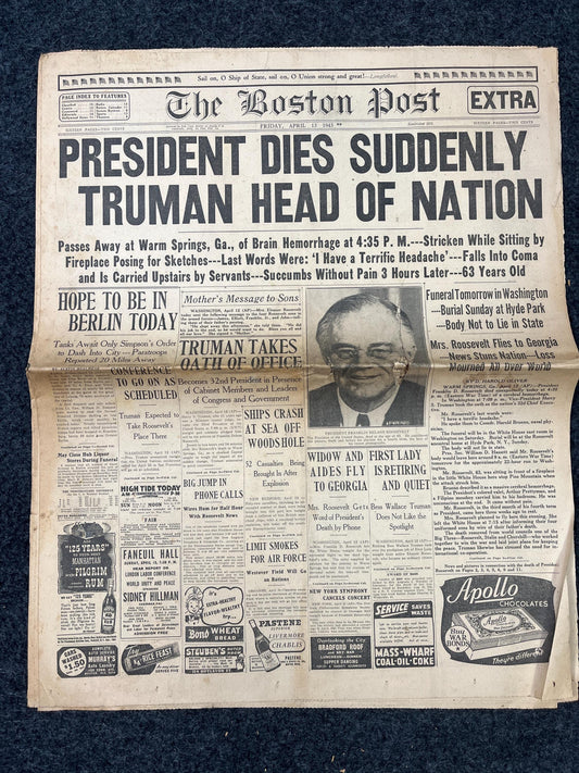 1945 WW2 FDR Death - World War 2 History- Death of President Roosevelt in World War II - Original Vintage Newspaper