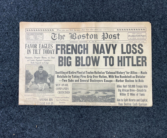 WW2 1940 France Scuttles Fleet Vintage Newspaper, German Advances into France, World War 2 Memorabilia Gifts, History Gifts, Historic Gifts