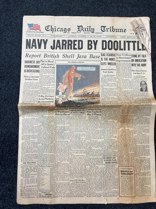 1945 Doolittle Suggests Airforce, Pearl Harbor Conspiracy, Late WW2 Theatre Newspaper, Original Vintage World War 2 Memorabilia, Wall Decor