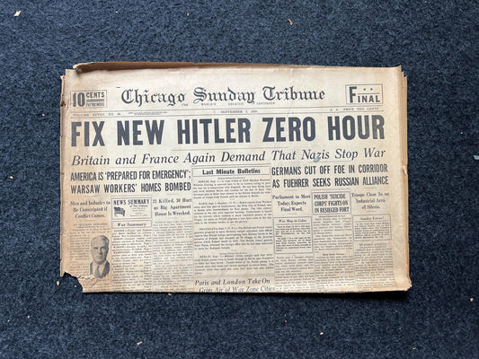 1939 WW2 Early Vintage Newspaper, Wall Decor, German Blitzkreig, Gift for him, World War 2 Memorabilia Gifts, History Gifts, WW3