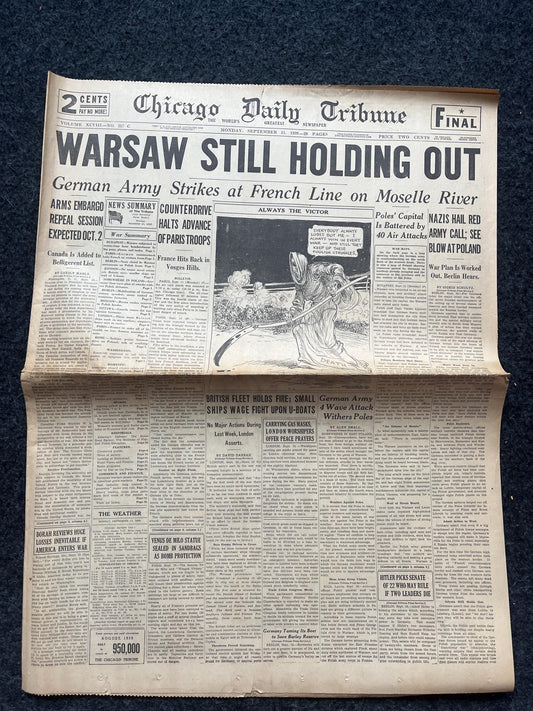 1939 Poland Fights Germany WW2 Early Vintage Newspaper, Wall Decor, German Blitzkreig, Giftsfor him, World War 2 Memorabilia, History Gift