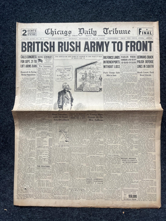 1939 Britain Rushed Troops to France WW2 Early Vintage Newspaper, Wall Decor, German Blitzkreig, Giftsfor him, World War 2 Memorabilia,