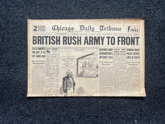 1939 Britain Rushed Troops to France WW2 Early Vintage Newspaper, Wall Decor, German Blitzkreig, Giftsfor him, World War 2 Memorabilia,