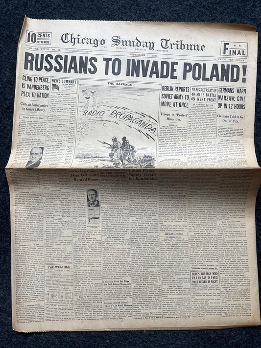 1939 Russia Invades Poland W2 Early Vintage Newspaper, Wall Decor, German Blitzkreig, Giftsfor him, World War 2 Memorabilia, History Gift