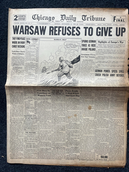 1939 Poland Fights Germany WW2 Early Vintage Newspaper, Wall Decor, German Blitzkreig, Giftsfor him, World War 2 Memorabilia, History Gift