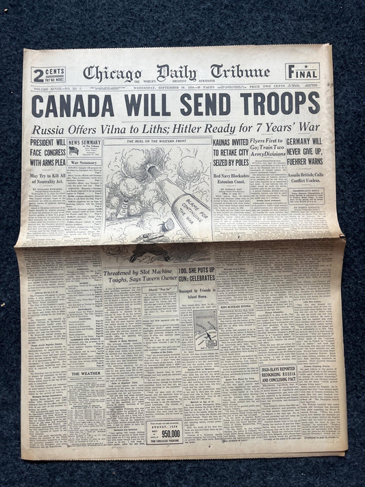 1939 Canada to Send Troops WW2 Early Vintage Newspaper, Wall Decor, German Blitzkreig, Giftsfor him, World War 2 Memorabilia, History Gift