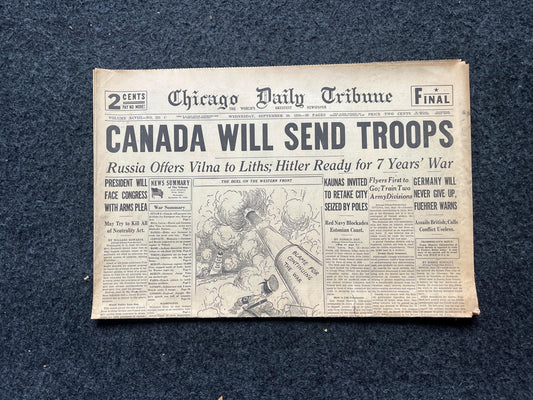 1939 Canada to Send Troops WW2 Early Vintage Newspaper, Wall Decor, German Blitzkreig, Giftsfor him, World War 2 Memorabilia, History Gift