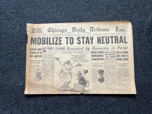 1939 American Neutrality in WW2 WW2 Early Vintage Newspaper, Wall Decor, German Blitzkreig, Giftsfor him, World War 2 Memorabilia, History