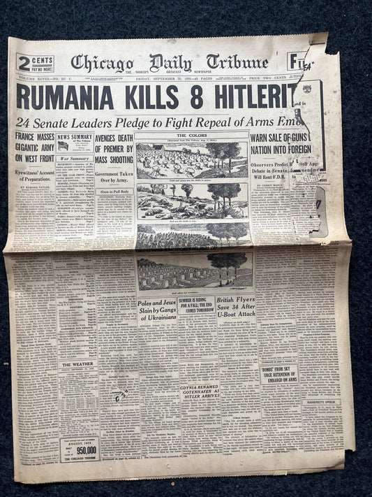 1939 Romania vs Germany WW2 Early Vintage Newspaper, Wall Decor, German Blitzkreig, Giftsfor him, World War 2 Memorabilia, History Gift