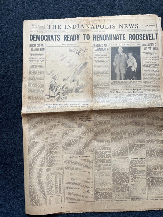 1936 FDR Nominated for Second Term, Historic Gifts, Vintage Newspaper WW2 Roosevelt, Gift for History Teacher, American History Gift for Him