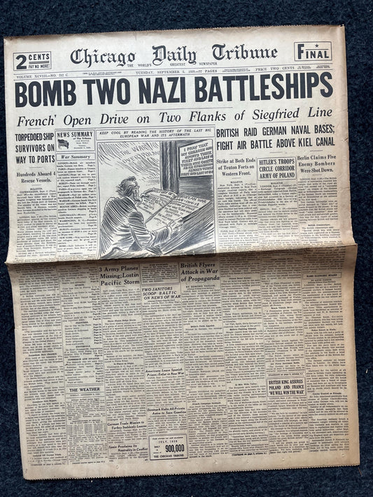 1939 WW2 German Naval Battle Early Vintage Newspaper, Wall Decor, German Blitzkreig, Gifts for him, World War 2 Memorabilia Gifts,