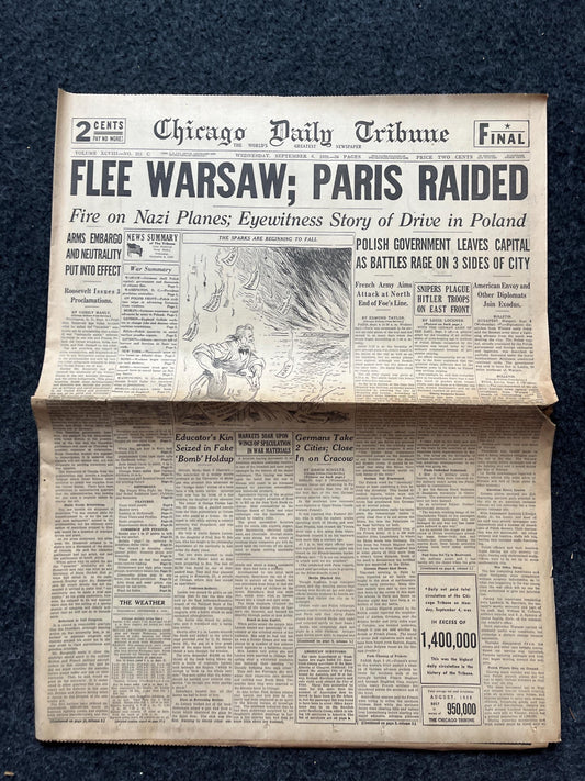 1939 Poland Fights Germany WW2 Early Vintage Newspaper, Wall Decor, German Blitzkreig, Giftsfor him, World War 2 Memorabilia, History Gift