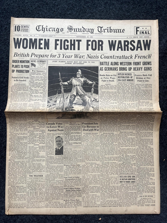 1939 Poland Fights Germany WW2 Early Vintage Newspaper, Wall Decor, German Blitzkreig, Giftsfor him, World War 2 Memorabilia, History Gift