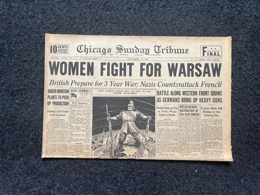 1939 Poland Fights Germany WW2 Early Vintage Newspaper, Wall Decor, German Blitzkreig, Giftsfor him, World War 2 Memorabilia, History Gift