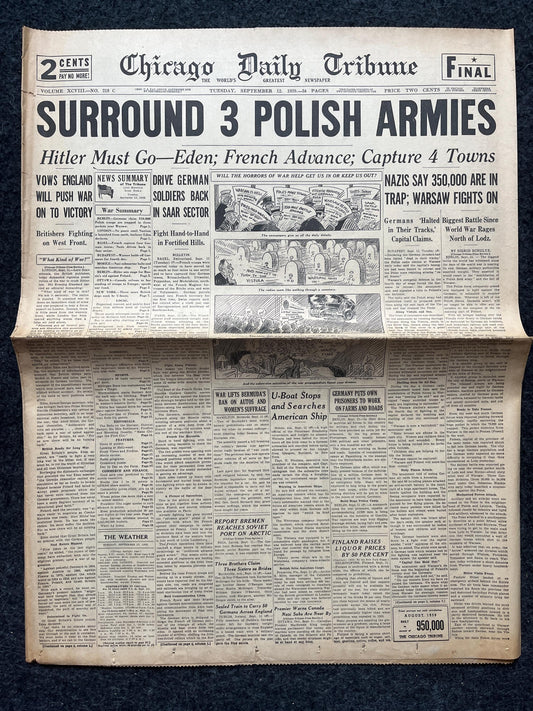 1939 Poland Fights Germany WW2 Early Vintage Newspaper, Wall Decor, German Blitzkreig, Giftsfor him, World War 2 Memorabilia, History Gift