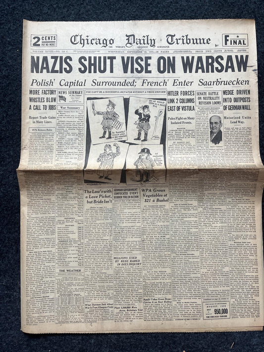 1939 Poland Fights Germany WW2 Early Vintage Newspaper, Wall Decor, German Blitzkreig, Giftsfor him, World War 2 Memorabilia, History Gift