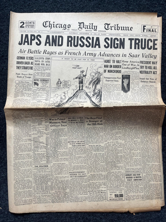 1939 Russia Japanese Peace Treaty WW2 Early Vintage Newspaper, Wall Decor, German Blitzkreig, Giftsfor him, World War 2 Memorabilia,