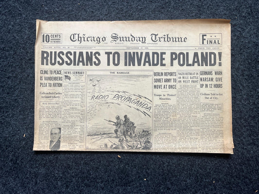 1939 Russia Invades Poland W2 Early Vintage Newspaper, Wall Decor, German Blitzkreig, Giftsfor him, World War 2 Memorabilia, History Gift