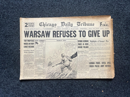 1939 Poland Fights Germany WW2 Early Vintage Newspaper, Wall Decor, German Blitzkreig, Giftsfor him, World War 2 Memorabilia, History Gift