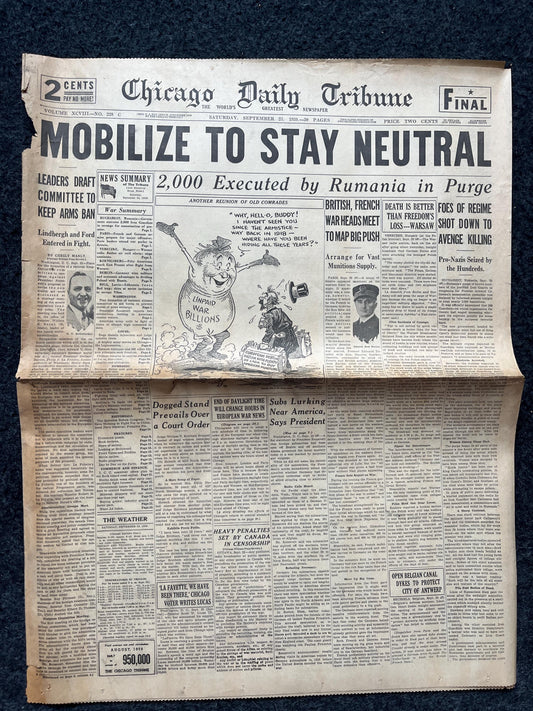 1939 American Neutrality in WW2 WW2 Early Vintage Newspaper, Wall Decor, German Blitzkreig, Giftsfor him, World War 2 Memorabilia, History