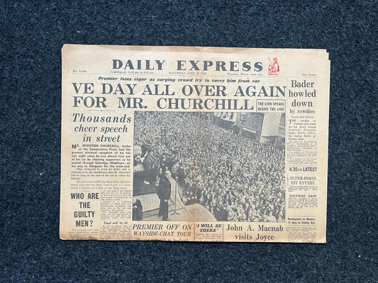 1945 Churchill VE Day in WW2 WW2 Early Vintage Newspaper, Wall Decor, German Blitzkreig, Giftsfor him, World War 2 Memorabilia, History
